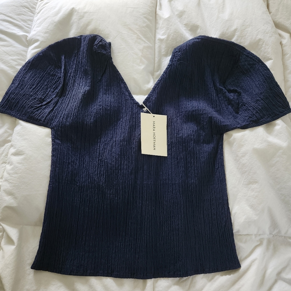 Mara Hoffman Deep Navy Crinkle Puff-Sleeve Top